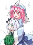  2girls :d ascot bangs black_bow blue_hat blush bow commentary_request eyebrows_visible_through_hair food fruit green_eyes hair_between_eyes hair_bow hands_on_another&#039;s_shoulders hat heart highres hitodama holding holding_fruit konpaku_youmu long_sleeves mappe_(778exceed) mob_cap multiple_girls open_mouth pink_eyes pink_hair saigyouji_yuyuko simple_background smile sweat touhou triangular_headpiece watermelon white_background white_hair wide_sleeves 