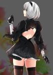  1girl absurdres back_cutout bare_back black_dress black_hairband black_legwear blindfold blush covered_eyes cowboy_shot dress feather-trimmed_sleeves from_behind hairband haruka_(pixiv) highres juliet_sleeves leotard long_sleeves mole mole_under_mouth nier_(series) nier_automata parted_lips profile puffy_sleeves short_hair silver_hair solo thigh-highs white_leotard yorha_no._2_type_b 