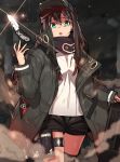  1girl ammunition_pouch assault_rifle black_jacket black_legwear black_shorts breasts clouds cloudy_sky cosplay cowboy_shot erere fingernails flat_cap g11 g11_(girls_frontline) g11_(girls_frontline)_(cosplay) girls_frontline glint green_eyes green_hat green_jacket gun hair_between_eyes hat high_collar holster idolmaster idolmaster_cinderella_girls jacket knife long_fingernails long_hair long_sleeves looking_at_viewer nail_polish night open_clothes open_jacket open_mouth outdoors pink_nails pocket rifle scarf shibuya_rin shirt short_shorts shorts single_thighhigh sky sleeves_past_wrists smoke standing thigh-highs thigh_holster thigh_strap weapon white_shirt 