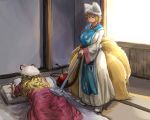  2girls blonde_hair blush breasts brown_eyes chanta_(ayatakaoisii) curvy dress fox_tail hat highres huge_breasts indoors light long_sleeves looking_at_another lying multiple_girls multiple_tails on_stomach pillow_hat plump red_dress revision short_hair tabard tail touhou vacuum_cleaner white_dress wide_hips wide_sleeves yakumo_ran yakumo_yukari 