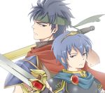  2boys armor blue_eyes blue_hair cape falchion_(fire_emblem) fire_emblem fire_emblem:_mystery_of_the_emblem fire_emblem:_souen_no_kiseki gloves headband ike koineko_(aph0310) male_focus marth multiple_boys smile super_smash_bros. sword tiara weapon white_background 