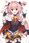  1boy \m/ black_bow bow braid cape fang fate/apocrypha fate/grand_order fate_(series) garter_straps hair_ribbon horn_(instrument) male_focus multicolored_hair open_mouth pink_hair ribbon rider_of_black ryuubou single_braid smile streaked_hair trap violet_eyes 