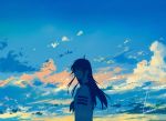  1girl artist_name bangs blue_sky clouds cloudy_sky detached_sleeves evening eyebrows_visible_through_hair long_hair looking_at_viewer looking_back loundraw original parted_lips school_uniform serafuku short_sleeves signature sky solo upper_body 