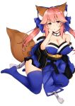 1girl animal_ears arm_support bangs black_legwear bow breasts chestnut_mouth cleavage collar collarbone fate/grand_order fate_(series) full_body hair_bow hand_on_own_chin large_breasts long_hair looking_at_viewer obi obijime off_shoulder pink_hair sash sitting solo tail tamamo_(fate)_(all) tamamo_no_mae_(fate) tassel thighhighs thighs twintails white_background wide_sleeves yellow_eyes zarashi