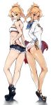  2girls ass bandeau bikini blonde_hair blush breasts butt_crack choker commentary_request cutoffs dual_persona eyebrows_visible_through_hair fate/apocrypha fate/grand_order fate_(series) full_body green_eyes highres hijiri jacket long_hair looking_at_viewer mordred_(swimsuit_rider)_(fate) multiple_girls navel parted_lips ponytail red_bikini red_jacket saber_of_red sandals school_uniform see-through serafuku short_shorts shorts simple_background smile swimsuit tan teeth wet wet_clothes white_background 