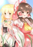  2girls :d absurdres apron ascot blonde_hair blouse blush bow brown_eyes brown_hair commentary detached_sleeves hair_bow hair_ribbon hair_tubes hakurei_reimu hat headwear_removed highres holding holding_hat kirisame_marisa large_bow long_hair looking_at_viewer multiple_girls open_mouth puffy_short_sleeves puffy_sleeves ribbon ribbon-trimmed_sleeves ribbon_trim short_sleeves side-by-side skirt skirt_set smile touhou unira vest waist_apron wavy_hair wide_sleeves witch_hat yellow_eyes 