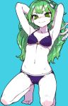  1girl armpits arms_up barefoot bikini blue_background frog_hair_ornament green_eyes green_hair hair_ornament kneeling kochiya_sanae long_hair looking_at_viewer navel pale_skin purple_bikini simple_background smile snake_hair_ornament solo stomach swimsuit thupoppo touhou 