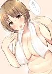  10s 1girl bangs belly blush breasts brown_eyes cleavage commentary_request eyebrows_visible_through_hair flying_sweatdrops h3po4_chiba hands_up idolmaster idolmaster_cinderella_girls large_breasts light_brown_hair looking_at_viewer mimura_kanako navel nude open_mouth plump short_hair simple_background smile solo sweatdrop towel towel_around_neck translated waist 
