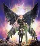 1girl armor armored_dress bangs black_wings feathered_wings full_body gauntlets greaves grey_eyes hairband holding holding_sword holding_weapon long_hair looking_at_viewer momose_hisashi original pink_hair solo standing sword very_long_hair weapon wings 