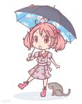  10s 1girl alternate_costume cat food_print hair_bobbles hair_ornament holding holding_umbrella jewelry kantai_collection lavender_dress necklace open_mouth pink_eyes pink_hair pori_(poritan81) puffy_short_sleeves puffy_sleeves sazanami_(kantai_collection) short_hair short_sleeves snail solo strawberry_print twintails twitter_username umbrella white_background 