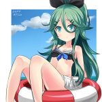  10s 1girl adapted_costume alternate_costume aqua_eyes bikini_skirt bikini_top blue_sky breasts cleavage clouds cloudy_sky collarbone commentary_request green_hair hair_between_eyes hair_ornament hair_ribbon hairclip hebitsukai-san highres horizon kantai_collection lifebuoy long_hair looking_at_viewer navel ocean ribbon sitting sky solo yamakaze_(kantai_collection) 