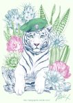  cactus flower green_eyes hat log looking_at_viewer military_hat no_humans original signature takigraphic tiger watermark web_address white_background white_tiger 