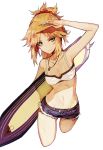  1girl arm_up blonde_hair breasts cowboy_shot denim denim_shorts fate/apocrypha fate/grand_order fate_(series) green_eyes jewelry looking_at_viewer mo_(mocopo) navel necklace ponytail saber_of_red shorts solo strapless surfboard tubetop white_background 