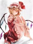  1girl ascot bare_legs barefoot blonde_hair crystal flandre_scarlet frilled_shirt_collar frilled_skirt frills from_side full_body hair_between_eyes hat hat_ribbon highres jan_(lightdragoon) leg_hug looking_at_viewer looking_to_the_side mob_cap puffy_short_sleeves puffy_sleeves red_eyes red_ribbon red_skirt red_vest ribbon shirt short_sleeves side_ponytail skirt skirt_set solo touhou vest white_shirt wrist_cuffs 
