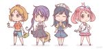  &gt;:) 10s 4girls :&lt; :3 :d ahoge akebono_(kantai_collection) animal animal_on_head bag bandaid bandaid_on_face bell black_dress blush_stickers brown_eyes bunny_hair_ornament camera casual chibi closed_eyes commentary_request crab crab_on_head dress earphones earrings flower full_body glasses_on_head hair_bell hair_bobbles hair_flower hair_ornament hairclip hand_on_hip handbag hat hat_removed head_tilt headwear_removed highres jewelry jingle_bell kantai_collection light_brown_hair long_hair looking_at_viewer looking_away multiple_girls oboro_(kantai_collection) on_head open_mouth overall_dress pendant pink_eyes pink_hair pori_(poritan81) purple_hair rabbit sazanami_(kantai_collection) short_hair shorts side_ponytail simple_background smile twintails ushio_(kantai_collection) violet_eyes white_background 