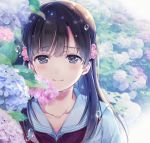  10s 1girl bangs black_eyes black_hair blunt_bangs blush crying eyebrows_visible_through_hair flower hair_flower hair_ornament hydrangea idolmaster idolmaster_cinderella_girls kobayakawa_sae long_hair looking_at_viewer momoon_karin necktie outdoors plant portrait rain red_necktie sad school_uniform serafuku tears twitter_username water_drop wet 