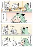  &gt;_&lt; 10s 3girls 4koma :d :t ^_^ ahoge baku_taso blush_stickers chibi claws closed_eyes comic commentary_request curry curry_rice detached_sleeves dress eating flying_sweatdrops food green_hair hair_ornament hair_ribbon hairclip holding horn horns kantai_collection long_hair mittens multiple_girls northern_ocean_hime open_mouth plate ribbon rice school_uniform seaport_hime serafuku shinkaisei-kan smile spoon translation_request white_dress white_hair white_skin yamakaze_(kantai_collection) 