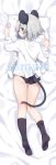  1girl akagashi_hagane animal_ears ass bangs bed_sheet black_legwear black_panties blush buttons closed_mouth dakimakura eyebrows_visible_through_hair full_body hand_up kneehighs kneepits long_sleeves looking_at_viewer lying mouse_ears mouse_tail nazrin no_pants no_shoes on_stomach open_clothes open_shirt orange_eyes panties pillow profile sample shirt short_hair silver_hair smile solo tail thigh_gap touhou unbuttoned underwear white_shirt 