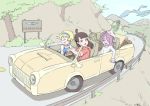  3girls bird blonde_hair blue_eyes brown_hair butterfly_net cage car driving glasses ground_vehicle hair_over_one_eye hand_net hat highres kagari_atsuko little_witch_academia long_hair lotte_jansson motor_vehicle multiple_girls pink_hair red_eyes sign sucy_manbavaran sunny tree 