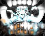  &gt;:&lt; 1girl admiral_paru black_gloves blue_eyes blurry building cape closed_mouth depth_of_field gloves glowing glowing_eyes headgear independence_day kantai_collection parody shinkaisei-kan solo white_hair white_house white_skin wo-class_aircraft_carrier 