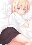 1girl :p artist_name bangs bed_sheet black_skirt blonde_hair capriccio closed_mouth collared_shirt hair_between_eyes long_hair looking_at_viewer lying on_bed on_side original pillow pleated_skirt school_uniform shirt short_sleeves skirt smile solo speech_bubble thighs tongue tongue_out violet_eyes white_shirt 
