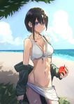 1girl apple asymmetrical_hair bangs beach bikini black_hair blue_eyes bottomless breasts closed_mouth coat collarbone cowboy_shot day eyebrows_visible_through_hair food front-tie_bikini front-tie_top fruit hai_to_gensou_no_grimgar hair_between_eyes hair_over_shoulder halter_top halterneck highres holding holding_fruit leris_muma long_hair looking_at_viewer merry_(grimgar) navel no_panties ocean open_clothes open_coat outdoors sarong sidelocks solo swimsuit white_bikini