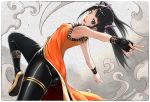  1girl armpits ass bare_shoulders black_hair black_legwear brown_eyes fingerless_gloves gloves hips ling_xiaoyu single_glove solo tea_(nakenashi) tekken tekken_7 twintails 