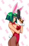  1girl animal_ears breast_squeeze breasts bunny_girl bunny_tail bunnysuit burn-up_w commentary fake_animal_ears from_side green_hair gun handgun headband highres holding holding_gun holding_weapon jinguu_maya large_breasts leotard looking_at_viewer pantyhose patterned_background playboy_bunny_leotard rabbit_ears red_leotard revolver solo tail typo_(requiemdusk) violet_eyes weapon wristband 