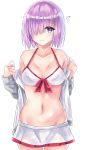  1girl akaya_(pixiv20545353) bare_shoulders blush breasts cleavage closed_mouth collarbone eyebrows_visible_through_hair fate/grand_order fate_(series) hair_over_one_eye highres large_breasts looking_at_viewer navel purple_hair shielder_(fate/grand_order) solo sweatdrop violet_eyes 