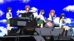  5girls akiyama_yukari anglerfish arm_support bangs black_eyes black_hair black_legwear black_neckerchief blouse blunt_bangs brown_eyes brown_hair brown_shoes closed_mouth day emblem eyebrows_visible_through_hair girls_und_panzer green_skirt ground_vehicle hairband headphones headphones_removed highres isuzu_hana kneehighs kneeling light_smile loafers long_hair long_sleeves looking_at_viewer looking_back messy_hair military military_vehicle miniskirt motor_vehicle multiple_girls neckerchief nishizumi_miho ooarai_(emblem) ooarai_school_uniform open_mouth orange_eyes orange_hair outdoors panzerkampfwagen_iv pleated_skirt reizei_mako salute school_uniform serafuku shoes short_hair sitting skirt smile socks standing suzuki-shi takebe_saori tank v waving white_blouse white_hairband 