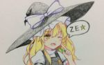  1girl ;d blonde_hair blush braid colored_pencil_(medium) commentary hat kirisame_marisa long_hair looking_at_viewer one_eye_closed open_mouth puffy_short_sleeves puffy_sleeves short_sleeves side_braid single_braid smile solo star touhou traditional_media turtleneck vest witch_hat yellow_eyes yururi_nano ze_(phrase) 