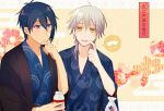  2boys blue_eyes blue_hair bottle egasumi japanese_clothes male_focus mikazuki_munechika milk_bottle milk_mustache multiple_boys open_mouth smile speech_bubble touken_ranbu translation_request tsurumaru_kuninaga white_hair yellow_eyes yori_(y_rsy) 