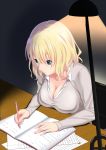  1girl bangs blonde_hair blue_eyes book breast_rest breasts cardigan cleavage collarbone desk_lamp highres lamp large_breasts long_sleeves mechanical_pencil open_book original parted_lips pencil short_hair solo studying tawagoto_dukai_no_deshi 
