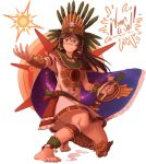  &gt;:) 1girl aztec aztec_glyphs barefoot black_hair blue_cape bracelet bracer buckler cape commentary copyright_name dress facepaint feathers full_body grey_eyes headgear highres jewelry knee_pads long_hair mefomefo necklace no_wings reiuji_utsuho sash shield sleeveless smile solo space_print starry_sky_print sun tagme third_eye touhou translation_request white_background white_dress 