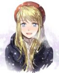  1girl :d blonde_hair blue_eyes breath coat eyebrows_visible_through_hair fullmetal_alchemist hat long_hair looking_at_viewer open_mouth riru simple_background smile snow snowflakes solo_focus white_background winry_rockbell winter_clothes 