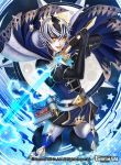  1boy black_hair book boots cape copyright_name fangs force_of_will fur_trim gloves male_focus multicolored_hair official_art open_mouth orange_eyes solo sparkle star sword teeth two-tone_hair upper_body weapon white_hair 