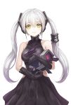  1girl bare_shoulders black_gloves blush breasts closed_mouth collarbone destroyer_(girls_frontline) elbow_gloves eyebrows_visible_through_hair girls_frontline gloves highres large_breasts long_hair looking_at_viewer lunacle smile solo twintails upper_body white_hair yellow_eyes 