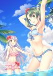  10s 2girls alternate_costume armpits arms_up bikini blue_sky breasts cleavage collarbone commentary_request day flower frilled_bikini frills front-tie_top green_eyes hair_flower hair_ornament hair_ribbon hairband kantai_collection long_hair looking_at_viewer medium_breasts minakami_nagara multiple_girls navel open_mouth outdoors ribbon shoukaku_(kantai_collection) sky smile swimsuit tree twintails water zuikaku_(kantai_collection) 
