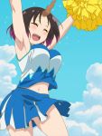  1girl absurdres armpits black_hair blue_sky blush breasts cheerleader closed_eyes clouds crop_top dragon_girl dragon_horns elma_(maidragon) gradient_hair highres horn horns kobayashi-san_chi_no_maidragon large_breasts midriff multicolored_hair navel open_mouth pom_poms purple_hair short_hair skirt sky smile solo 