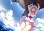  1girl armpits arms_up bangs blue_sky breasts clouds cloudy_sky dutch_angle fate/grand_order fate_(series) hair_over_one_eye highres holding holding_shield lavender_hair light_rays medium_breasts mku ocean one-piece_swimsuit open_mouth purple_hair shield shielder_(fate/grand_order) short_hair sky smile solo sunbeam sunlight swimsuit teeth thighs upskirt violet_eyes wading white_swimsuit 