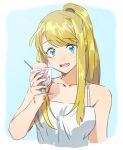  1girl :d bare_shoulders blonde_hair blue_background blue_eyes earrings eyebrows_visible_through_hair food frame fullmetal_alchemist glass holding_glass ice_cream jewelry long_hair looking_at_viewer open_mouth ponytail riru shirt simple_background smile solo_focus spoon sweatdrop two-tone_background white_background white_shirt winry_rockbell 