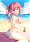  1girl adjusting_hair ahoge bangs bare_arms bare_legs beach bikini blue_eyes blush bow breasts chestnut_mouth clouds cloudy_sky commentary_request day eyebrows_visible_through_hair from_side green_bow hair_bow halterneck holding long_hair looking_at_viewer lotion_bottle medium_breasts ocean original outdoors ponytail redhead side-tie_bikini sitting sky solo suzukawa_yui swimsuit wariza white_bikini yellow_bow 