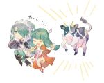  2girls animal blue_hair chasing chibi cow fire_emblem fire_emblem_if japanese_clothes mitama_(fire_emblem_if) multiple_girls running setsuna_(fire_emblem_if) shourou_kanna simple_background sweat sweatdrop twintails white_background 