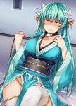  1girl aqua_hair bangs blush breasts cleavage collar dragon_horns eyebrows_visible_through_hair fate/grand_order fate_(series) foreshortening hair_ornament horns japanese_clothes kimono kiyohime_(fate/grand_order) large_breasts leash long_hair long_sleeves looking_at_viewer nose_blush obi open_mouth sabujiroko sash sitting smile solo thigh-highs white_legwear wide_sleeves yellow_eyes 