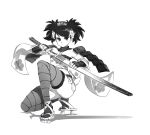  1girl armor flower hair_flower hair_ornament japanese_armor japanese_clothes katana kimono momohime monochrome oboro_muramasa sheath short_kimono simple_background sode solo sword thigh-highs typo_(requiemdusk) unsheathing weapon white_background 