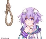  1girl choker disco_brando eyebrows_visible_through_hair hair_ornament highres hood hoodie long_sleeves looking_away man_looking_at_noose_(meme) meme neptune_(choujigen_game_neptune) neptune_(series) noose purple_hair short_hair solo twitter_username upper_body violet_eyes white_background 