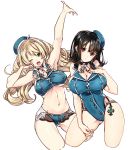  218 2girls ;d absurdres arm_up armpits ascot atago_(kantai_collection) bangs bare_arms beret bikini black_eyes blonde_hair blush breasts brown_hair choker cleavage cowboy_shot cropped_legs erect_nipples eyebrows_visible_through_hair gluteal_fold green_eyes hair_between_eyes hand_on_own_chest hand_up hat highres kantai_collection large_breasts long_hair looking_at_viewer multiple_girls navel one-piece_swimsuit one_eye_closed open_mouth outstretched_hand parted_lips sidelocks simple_background sleeveless smile stomach swimsuit takao_(kantai_collection) under_boob white_background 