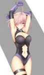  1girl ahoge arciealbano armor armored_dress armpits arms_up bare_shoulders blush breasts cleavage closed_mouth cowboy_shot elbow_gloves fate/grand_order fate_(series) gloves hair_over_one_eye highres large_breasts lavender_hair looking_at_viewer navel purple_gloves shielder_(fate/grand_order) short_hair smile solo stomach violet_eyes 