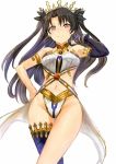  1girl artist_request bare_shoulders black_hair breasts crown earrings fate/grand_order fate_(series) hair_ribbon hoop_earrings ishtar_(fate/grand_order) jewelry long_hair looking_at_viewer red_eyes ribbon shiny shiny_skin simple_background single_thighhigh smile solo thigh-highs tohsaka_rin two_side_up white_background 