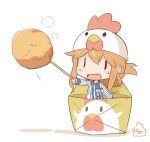  1girl :d alternate_costume artist_name brown_hair chibi chicken_(food) chicken_hat commentary folded_ponytail food hair_ornament hairclip hanomido hat inazuma_(kantai_collection) kantai_collection lawson open_mouth smile solo toothpick uniform |_| 